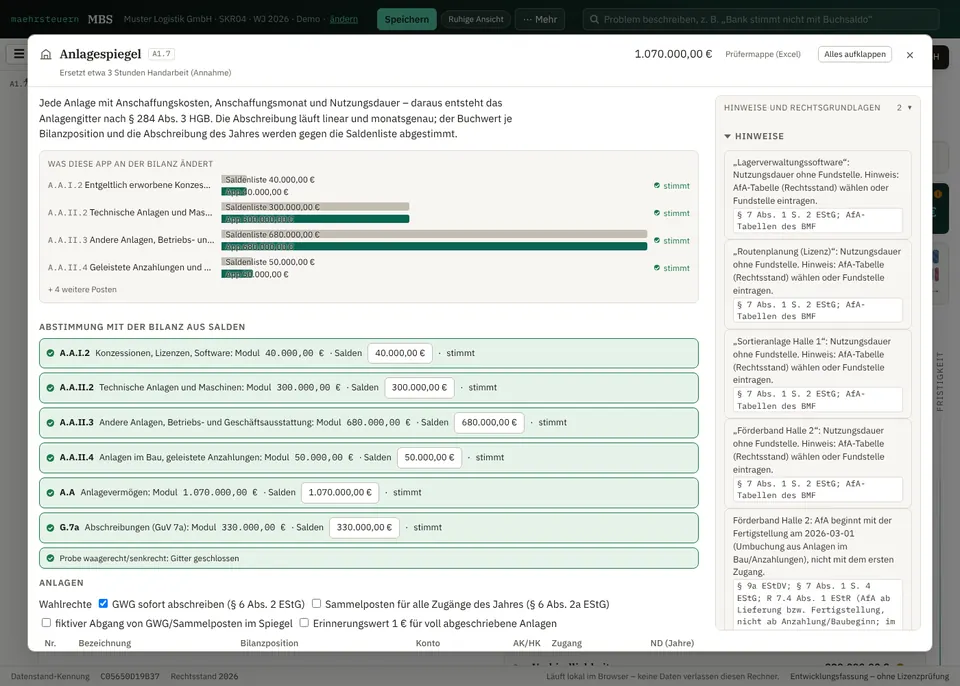 Dialog der App Anlagespiegel: Saldenliste und App-Wert nebeneinander, jede Zeile mit Ampel, rechts Hinweise und Rechtsgrundlagen